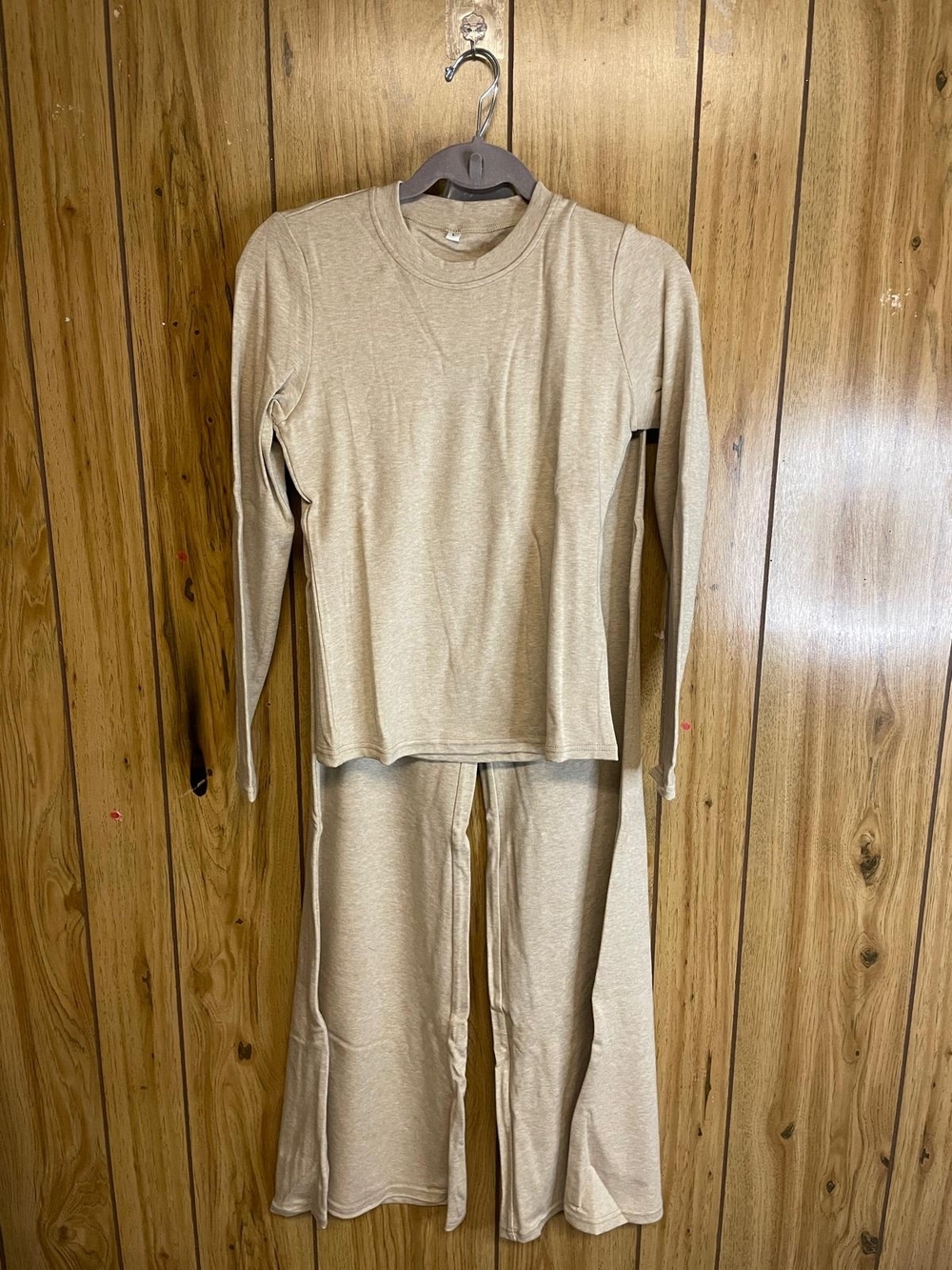 Beige Two-Piece Lounge Set - Long Sleeve Top & Wide Leg Pants